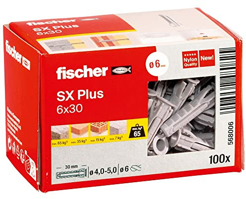 fischer Spreizdübel SX Plus 6 x 30, Schachtel mit 100 Nylondübeln, Dübel für optimalen Halt bei Befestigungen in Beton, Vollziegel, Porenbeton, Hochlochziegel uvm.