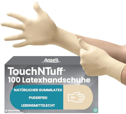 Ansell TouchNTuff 69-318 Latex Einweghandschuhe Puderfrei, Professionelle Schutzhandschuhe mit Texturierte Fingerspitzen, Lebensmittel Einmalhandschuhe, Weiß, Größe S (100 Handschuhe)