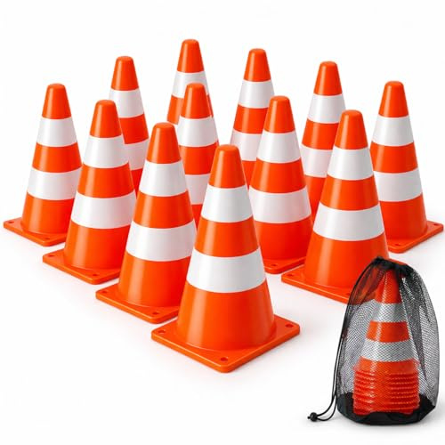 Bramble 12er-Set Pylonen 23 cm Orange-Weiß - Sportkegel Verkehrshütchen Markierungskegel - Auch als Spielkegel für Kinder