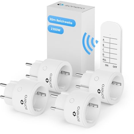 Sonero Funk-Steckdosen Set 2300 Watt | 1x Fernbedienung, 4x Steckdose für den Innenbereich, 30m Reichweite, kompaktes Design, weiß, S-RCS104, 4er Set