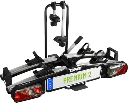 EUFAB 11521 Fahrradträger PREMIUM 2, E-Bike geeignet, komplett vormontiert, Diebstahlschutz, für 2 Fahrräder, für Anhängekupplung, Schwarz, Silber