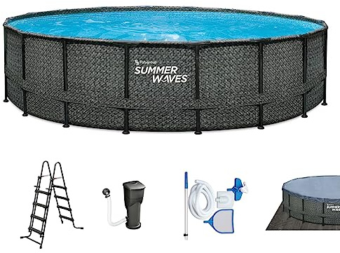 Summer Waves Frame Pool Rund 549x132 cm Rattan-Optik Grau Aufstellpool | Inklusive Filterpumpe, Bodenvlies, Abdeckplane, Reinigungsset und Einstiegsleiter, aus hochwertigem PVC-Polyester-Mix.