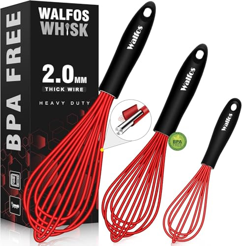 Walfos 3 Stück Schneebesen rot Silikon, Edelstahl Rührbesen Silikondrähte Ballonschneebesen, Küchen Schneebesen für Mischen, Schlagen, Aufschäumen und Rühren