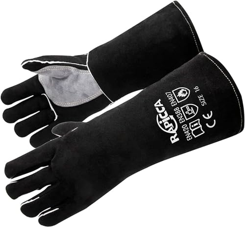 RAPICCA Schweißhandschuhe aus hitze- und feuerfestem Leder für Stick, Mig, Tig, Schmiede, Grill, Grill, Kamin, Holzofen, Ofen, Ofen, Topf Schwarz 35.6cm