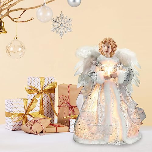Longzhuo Tree Top Angel,32 cm Weihnachtsengel-Baumspitze,Engel Christbaumspitze,Weihnachtsbaumspitze - Weihnachtsbaumschmuck,Zarte Weihnachtsbaumspitze, Engelsstatue Für Innenbüro (silbrig)