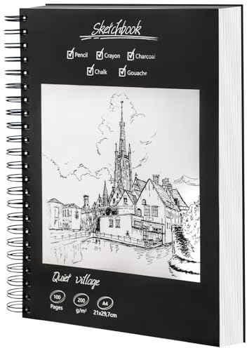 Skizzenbuch A4 – Premium Sketchbook mit 50 Blatt / 100 Seiten, 200 g/m² Zeichenblock A4, Malblock DIN A4 mit Spiralbindung, Zeichenbuch für Künstler & Designer, ideal für Skizzen & Notizen