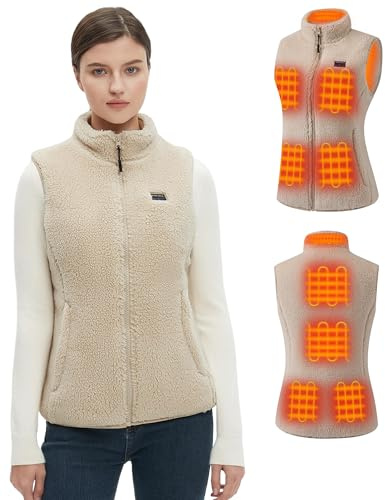 Hecusma Khaki Flauschige Heizweste Damen mit 16000mAh 7.4V Powerbank inklusive, Sherpa Beheizte Weste Damen, Elektrische Fleece Wärmeweste für Outdoor-Ski-S