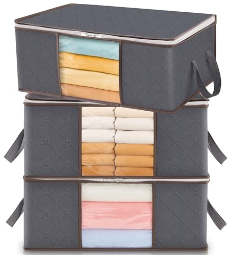 Lifewit 3 Stück 35L Aufbewahrungstasche, Unterbett Aufbewahrungsbox Kleideraufbewahrung, Faltbare Umzugskartons mit Klarem Fenster für Bettdecken Kleidung Decke T-Shirts Kleiderschrank, Grau
