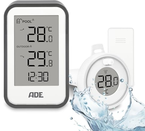 ADE Poolthermometer schwimmend | Pool Thermometer funk für Schwimmbad, Whirlpool, Badewanne, Teich | Wasserthermometer mit Außensensor | inkl. Batterien