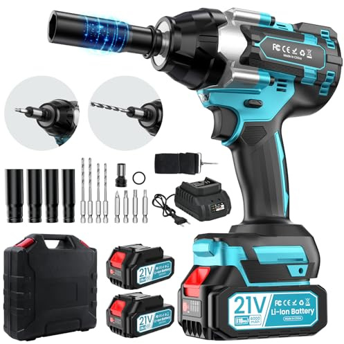 Akku Schlagschrauber, 3-IN-1 Professional 21V Bürstenloser 1/2 Schlagschrauber 1000Nm mit 2x4000 mAh Akkus,LED Licht,Schnellladegerät,4 Schlagnüsse,4 Bohrer,Aufbewahrungsbox,für Auto/Reifenwechsel