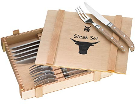 WMF Ranch Steakbesteck 12-teilig, Besteck Set 6 Personen, Steakmesser Set mit Gabel, Spezialklingenstahl geschmiedet, Cromargan Edelstahl mattiert, Eichenholz geölt