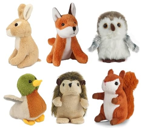 Living Nature Wildtier-Freunde 6er Set – Realistische Mini Kuscheltiere 9 cm, Fuchs, Eule, Hase, Ente, Igel & Eichhörnchen, Plüschtiere für Kinder