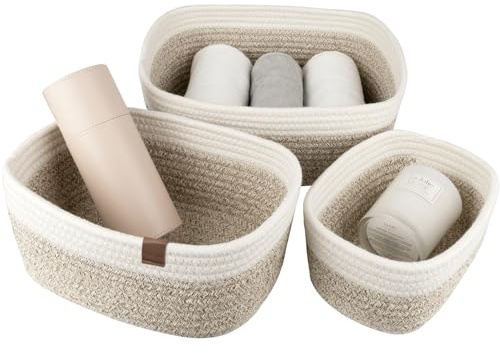 LA JOLIE MUSE Baumwollseil Aufbewahrungskörbe, stapelbare multifunktionelle Organizer Körbe, 30.5cm, 3er Set Weiß & Wüste