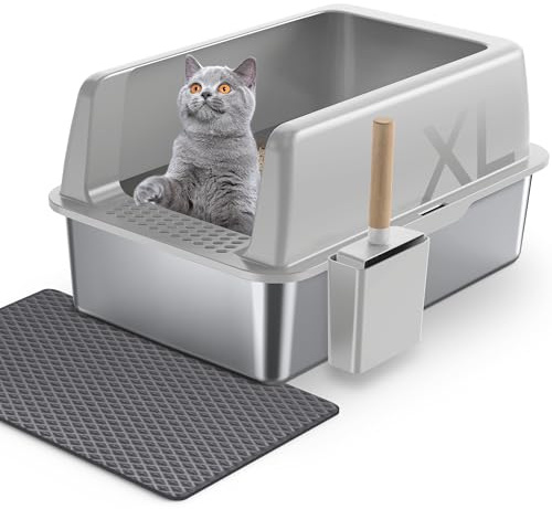 Gimars XL Katzenklo aus Metall, große Katzentoilette Edelstahl 35L mit Schaufel & Matte, Robuste Metall Katzenklo, Edelstahl Katzenklo für große & mittelgroße Katzen