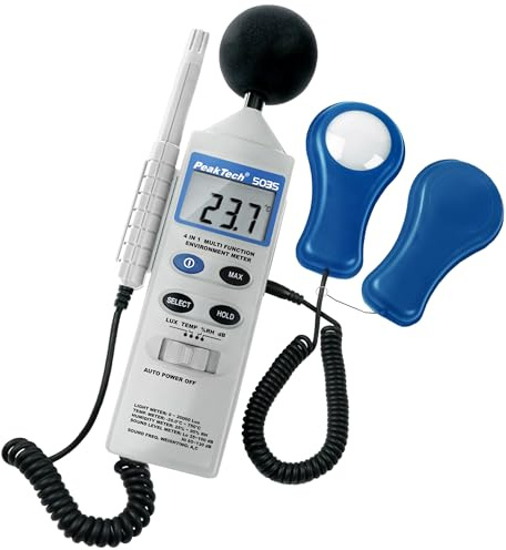 PeakTech 5035-4 in 1 Multifunktions Umweltmessgerät dB, Lux, RH, Temp. | Schallpegelmessgerät - Hygrometer und Thermometer in einem kompakten Multifunktionsgerät vereint - für Bau und Umweltmessung
