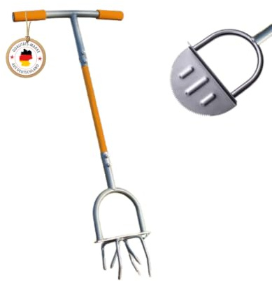 Profi-Partner Kraftsparende Bodenfräse 2-in-1, Rückenschonend | Gartenkralle & Klingen-Wechselkopf / Kultivator mit Handgriff & Trittplatte, Fast 1 m lang