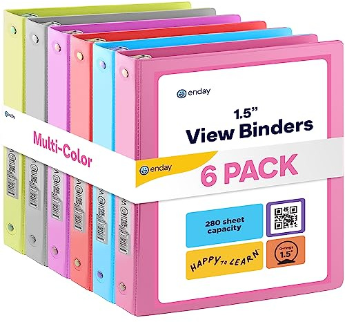 Ringbuch mit 3 Ringen, 3,8 cm, transparenter Einband mit 2 Innentaschen, farbiges Schulbedarf, 3,8 cm runde Ringbücher, in Rosa, Rot, Blau, Lila, Grün und Grau, mehrfarbig (6 Stück) Enday
