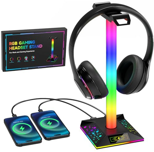 Hcman Headset Halterung Gaming Kopfhörer Ständer RGB Kopfhörer Halter mit 2 USB Anschlüssen, LED Headphone Stand Kopfhörerständer für PC Gamer, Schwarz