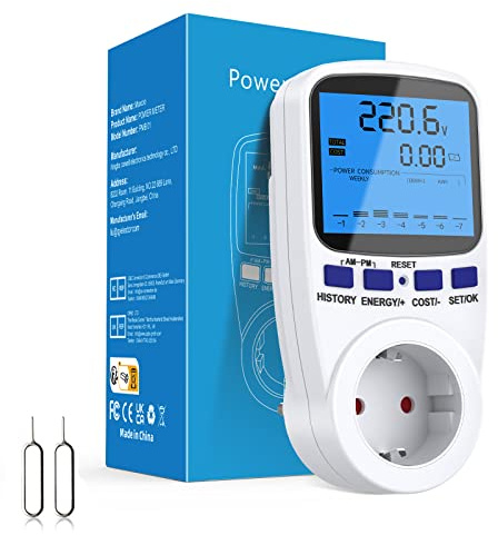 Maxcio Stromzähler für Steckdose mit Dual Rate, PV-Zähler für Balkonkraftwerk, Stromverbrauchsmesser, Digitaler Strommessgerät mit Überlast- und Netzausfallschutz, 3680W,180 °LCD-Display