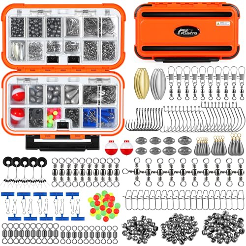 PLUSINNO 253-teiliges Angelzubehör-Set, Angelausrüstungsbox mit Angelzubehör, Angelhaken, Angelgewichte, Spinnerblatt, Angelausrüstung für Barsch, Bluegill, Crappie usw