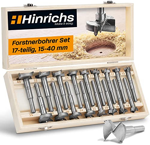 Hinrichs Forstnerbohrer Set 17 teilig im Koffer - Forstnerbohrer-Set 15 bis 40 mm - Holzbohrer - Forstner - Forsterbohrerset Fräslochborer Topfbohrer - Bohrer Holz - Lochfräser Astlochbohrer