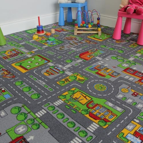 The Rug House Kinder-Spielteppich Straßen-Matte Stadt Verkehr Straßen 200cm x 200cm (6ft 7...
