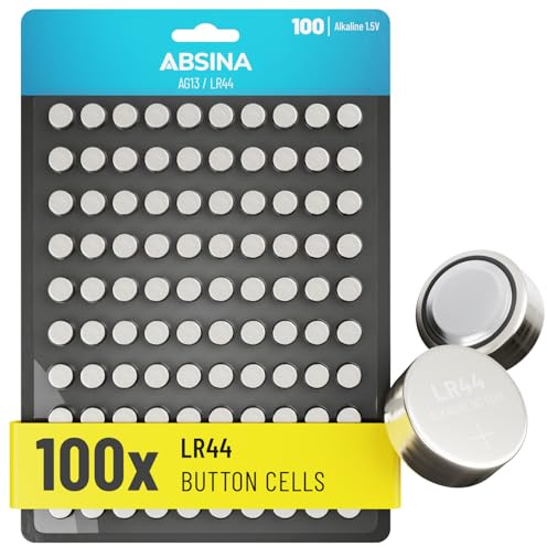 ABSINA AG13 LR44 Knopfzelle 100er Pack - 1,5V Alkaline Knopfzellen auslaufsicher & mit Langer Haltbarkeit - LR1154 / L1154 / L1154F / G13 / G13A / 13GA / 157 / V13GA / PX76A / RW82 - Knopfbatterien