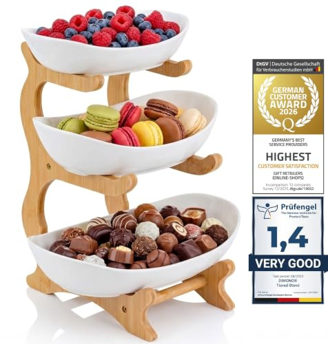 DIMONO® Etagere 3 Etagen Keramik, 32cm Bambus Ständer für Obst & Desserts