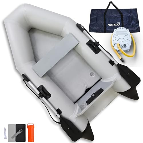 NEMAXX® Profi Schlauchboot 230 cm für 2 Personen – Paddel-, Angel- & Ruderboot – Kategorie C, 300 kg, aufblasbarer Boden, motorisierbar bis 3,75 kW/5 PS – inkl. 2 Paddel, Pumpe, Tasche & Reparaturset