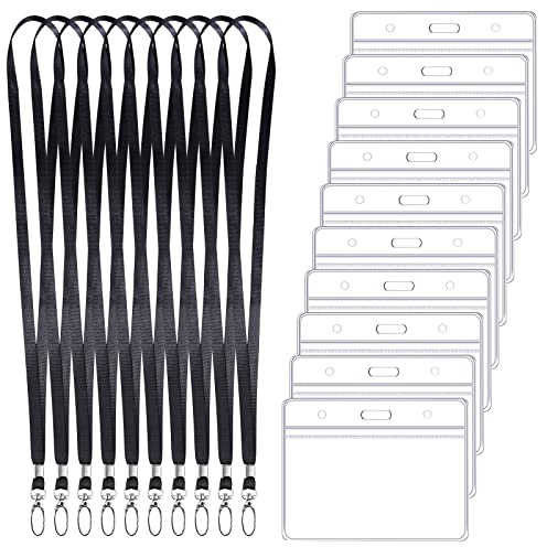 Ausweishülle mit Band Set, 10 Stück Transparente Kartenhülle 10 Stück Schlüsselband Schwarz mit Drehbarem Clip, Ausweishalter für Studenten Mitabeiter