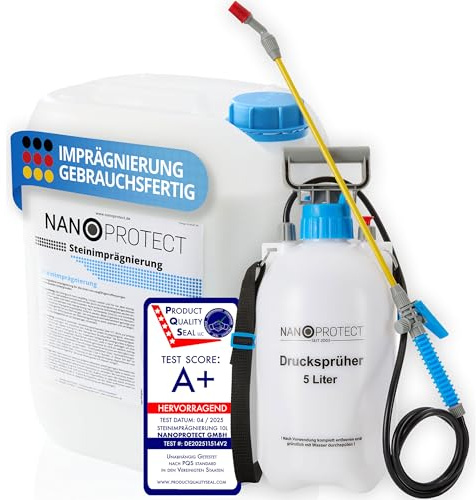 Nanoprotect Steinimprägnierung inkl. Drucksprüher | 10 L für ca. 80 – 120 m² | Vorbeugend gegen Grünbelag und Schmutz | Ideal für Pflastersteine, Beton und Naturstein