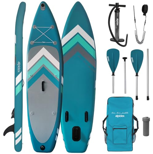 ALPIDEX Stand Up Paddle SUP 305 x 76 x 15 cm 150 kg aufblasbar Komplett Set | iSUP, Surfboard, Stehpaddel, Tragetasche, Finnen, Luftpumpe, Leash, Repair Kit, Alupaddel, stabil, Anfänger