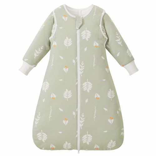 Nivolltha 3.5 TOG Super Soft Baby Schlafsack mit abnehmbaren Langärmeln, 100% Baumwolle Dicker Winter Schlafsack 18-36 Monate, Blätter, Größe S