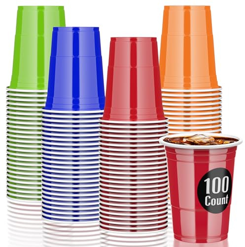 AOLUXLM 100 Plastikbecher Set Mehrweg Becher, Wiederverwendbare Partybecher 473ML / 16 OZ Becher Getränkebecher Kunststoff Cups in 4 Farben