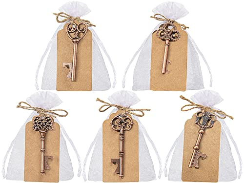 GoMaihe Gastgeschenke Hochzeit 50 Stück: 5 Stile Vintage Flaschenöffner | mit DIY Karte und Geschenktasche transparent für Taufe Kommunion Konfirmation Geschenk Geburtstag Tischdeko