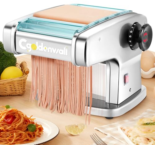 CGOLDENWALL Elektrische Nudelmaschine, Edelstahl Pasta Maker mit 4 Klingen (2mm/2.5 mm/4mm/9mm) und 9 Einstellbaren Stärken von 0,5-5mm für Frische Hausgemachte Tagliatelle, ABS-Schutz