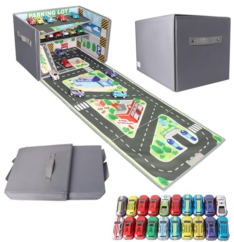 Spielzeug Garage für Autos, 3 In1 Faltbar Auto Garage Kinder mit 20 Autos, Garages Spielzeug mit Tragegriff, KapazitäT Von 200+ Spielzeugautos