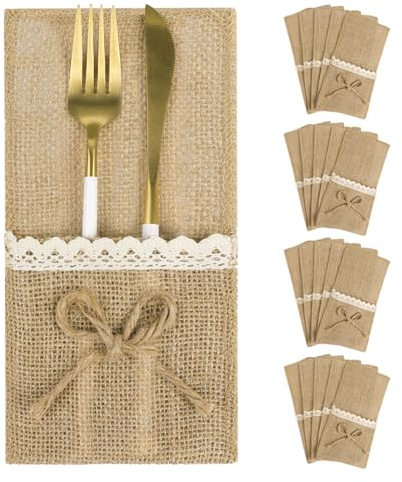 BETESSIN 20 Stück Bestecktaschen Jute mit Spitze – Vintage/Boho Besteckbeutel 11x22 cm, Besteckhalter Sackleinen mit Schleife, Tischdeko Hochzeit, rustikale Hochzeitsdeko & Party Deko