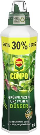 COMPO Grünpflanzendünger und Palmendünger für alle Zimmer-, Balkon- und Terrassenpflanzen, Spezial-Flüssig-Dünger mit extra Kalium und Eisen, 1,3 Liter