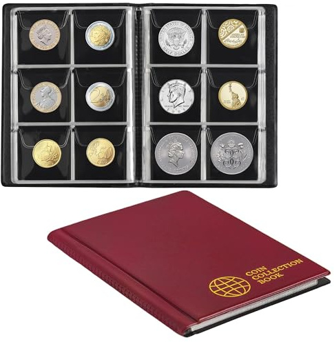 Münzsammelalbum 60 Taschen - 4,5x4,5 cm / 1,8x1,8 Zoll Münzhalter Buch | Uncle Paul Münzlager Album Geld Penny Tasche für Sammler Röte CS0106RE