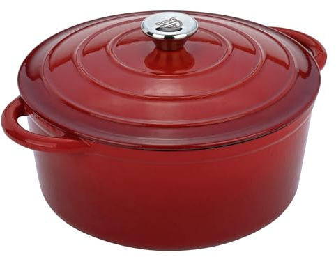 GRÄWE Gusseisentopf, Rot, Ø 26 cm, 4,5 L, 11,5 cm hoch, Schmortopf, Bräter, mit Deckel, Bratentopf, Brottopf, Brotbacktopf, Kochtopf, Emaille-Topf