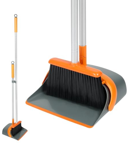 Dirty Fox Set mit Besen und Kehrschaufel, ideal für eine effektive Reinigung zu Hause, 137 cm langer Griff (orange und grau)