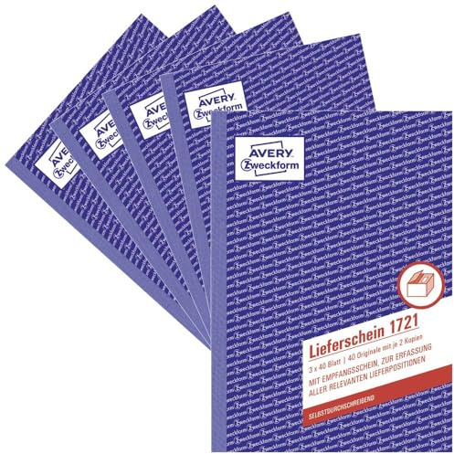 AVERY Zweckform 1721-5 Lieferschein mit Empfangsschein (A5, 3x40 Blatt, selbstdurchschreibend mit farbigen Durchschlägen, zur Erfassung aller relevanten Lieferpositionen) 5er Pack, weiß/gelb/rosa