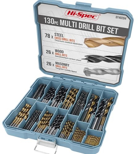 Hi-Spec 130-tlg. HSS-Titan Bohrer-Bit-Set in 8 Größen von 1 mm bis 10 mm. Mit Mauerwerks- und Brad-Point-Bits für Metall, Holz, Kunststoff, Ziegel und Beton