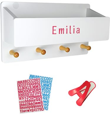 Smart Ideer - Kindergarderobe mit Ablage - Individuell mit selbstklebenden Buchstaben - Wandgarderobe aus Holz - Garderobe mit 4 Haken - Garderobe Kinder mit Ablage