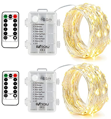 BXROIU 2 x50Leds Silbernedraht Micro LED Lichterkette Batteriebetrieb 8 Programm (Warm weiß), 2 Stück (1er Pack)