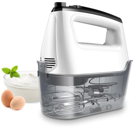 Handmixer Elektrisch Handrührgerät 6 Stufen Plus Turbo Kein Spritzen Mixer Handrührer mit Aufbewahrungskiste,5*Edelstahl Zubehör, Weiß 400W Leiser Motor
