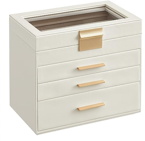 SONGMICS GISELLA Kollektion - Schmuckkästchen mit Glasdeckel, Schmuckkasten mit 4 Ebenen, Schmuckbox, 3 Schubladen, Schmuckaufbewahrung, modern, Geschenkidee, wolkenweiß-golden JBC161W01V1