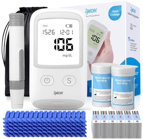 Blutzuckermessgerät-Set (mg/dl), 𝐊𝐥𝐢𝐧𝐢𝐬𝐜𝐡 𝐩𝐫ä𝐳𝐢𝐬𝐞𝐬 Blutzuckermessgerät mit 50 Teststreifen, 50 Lanzetten und 1 Stechhilfe – codierungsfrei & großes Display
