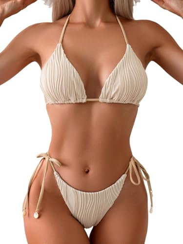 GORGLITTER Damen Bikini Set Triangle Badeanzug Zweiteiler Bikini-Set Brazilian Rückenfrei Bademode Neckholder Strandanzug Swimsuiti Set mit Knoten Beige S